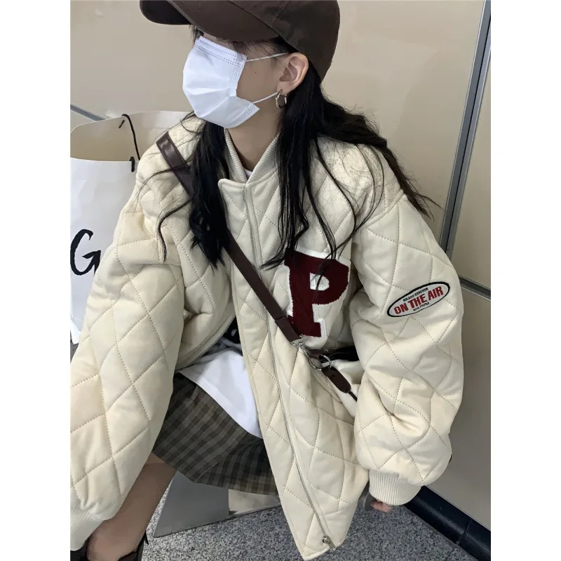 Rhombic lettering thickened cotton coat winter college style clip wide pine baseball jacket women