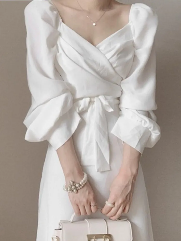 

Fashion Elegant Casual Midi Women White Dress Office Ladies Slim Vintage Business A-Line Party Vestidos Femme Prom Clothes Robe