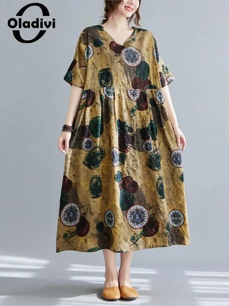 

Oladivi Women Fashion Printed Midi Dress 2022 Summer New Casual Loose Dresses Large Size Clothing Robe 1663 L XL XXL 3XL 4XL 5XL