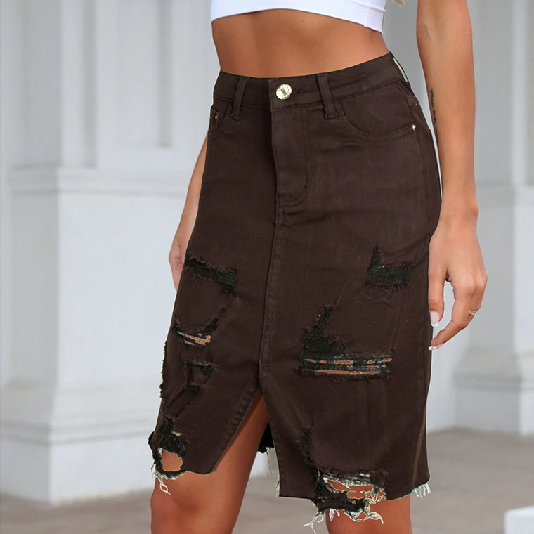 Женская рваная джинсовая юбка LOGAMI с высокой талией модель 2022 года модная