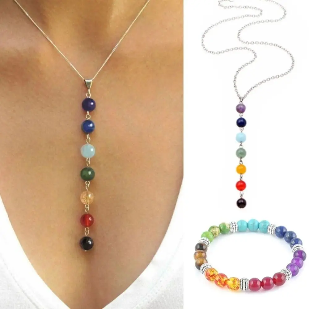 

7 Chakra Gem Stone Beads Pendant Necklace Women Yoga Healing Balancing Maxi Chakra Choker Bracelet Bijoux Femme Jewelry Set