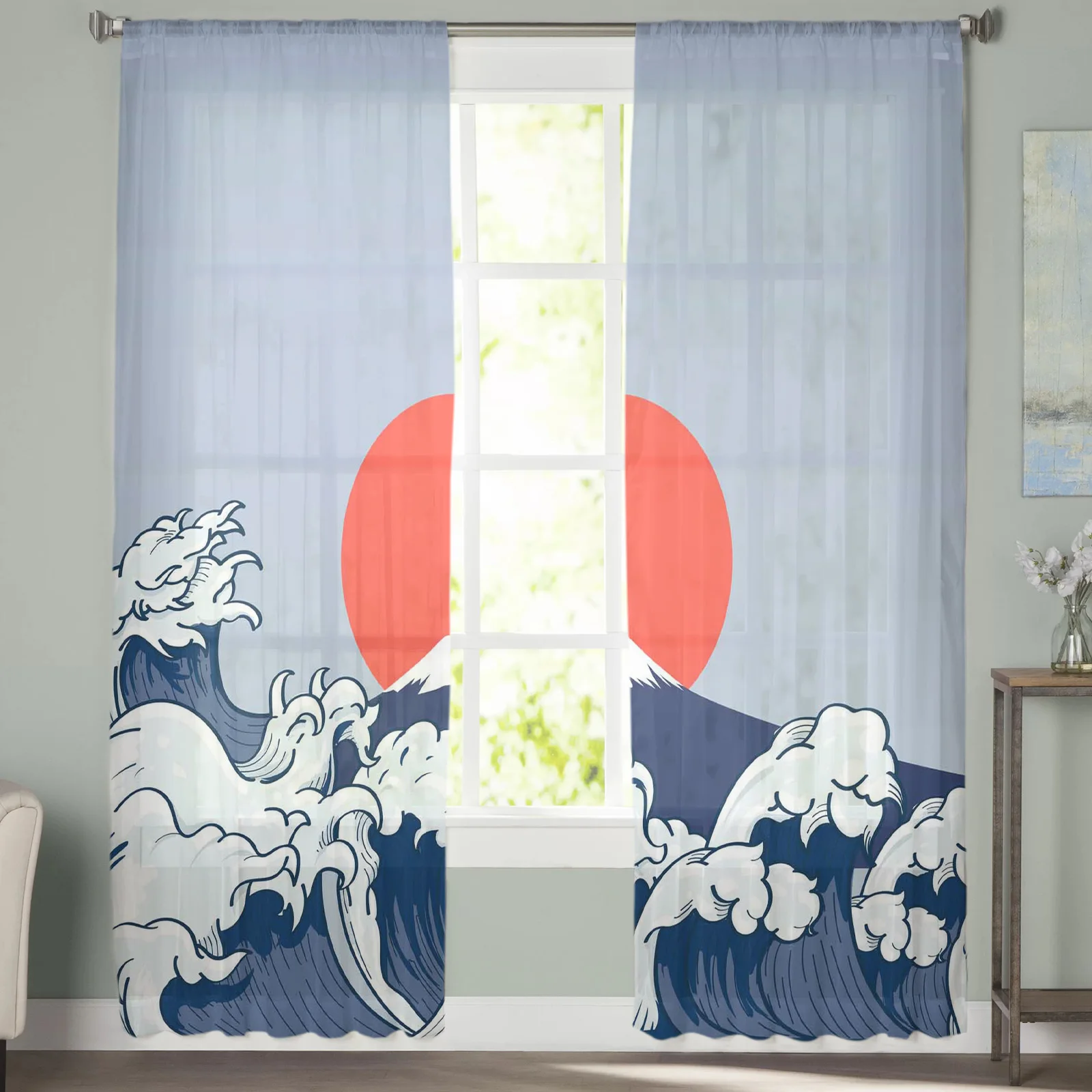 Тюль в ретро стиле с изображением красных солнечных волн шторы из тонкой ткани