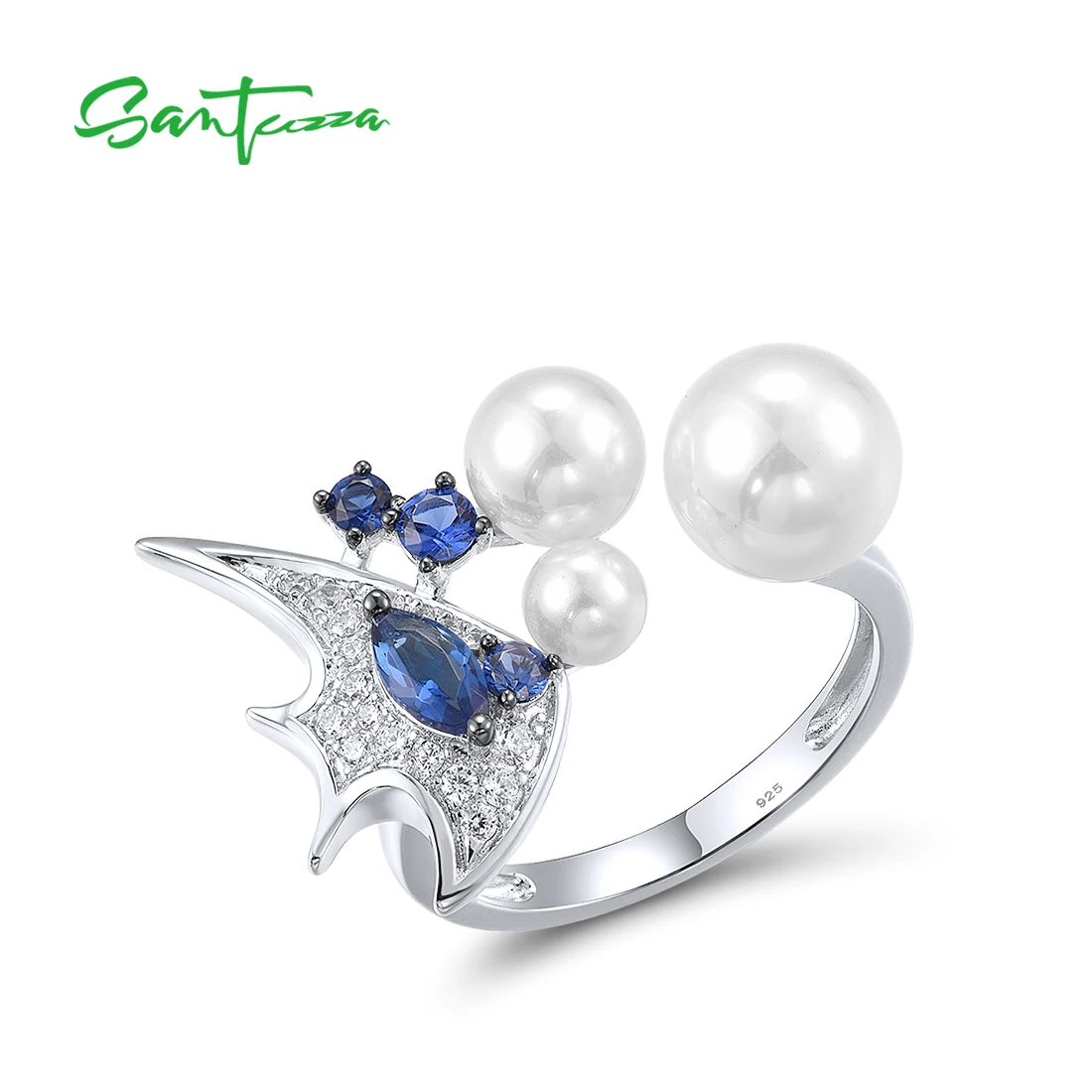 

SANTUZZA 925 Sterling Silver Ring For Women Sparkling Blue Stone White Shell Beads Delicate Fish Adjustable Fashion Fine Jewelry