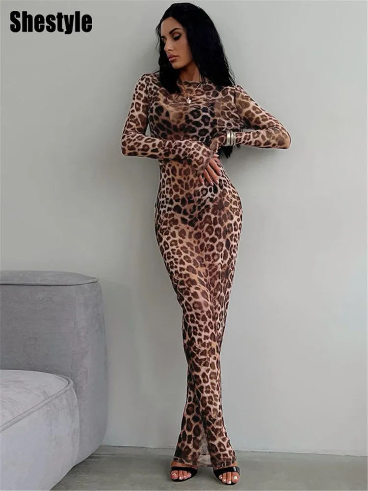 Женское леопардовое длинное платье-карандаш Shestyle с длинным рукавом и круглым