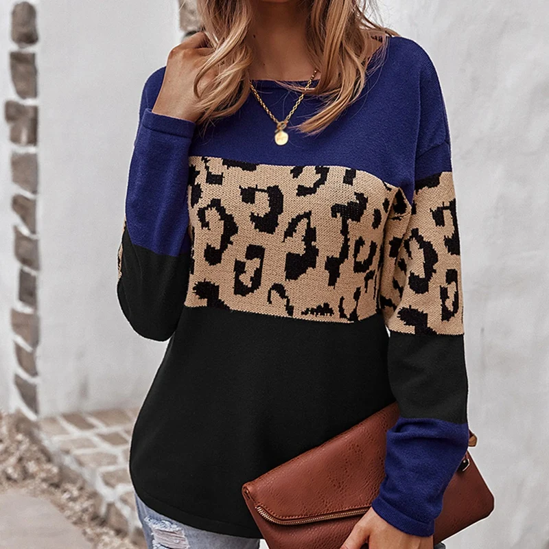 

Women's Casual Long Sleeve Off Shoulder Knitted Sweater Leopard Print Color Block Loose Pullover Sweaters