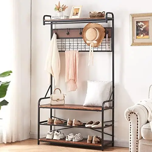 

Entryway Hall Tree with Shoe Bench, Coat with 11 Hooks and 2 Hanging Rods, Grid Panel for Memo and Photo Display, Brown Finish