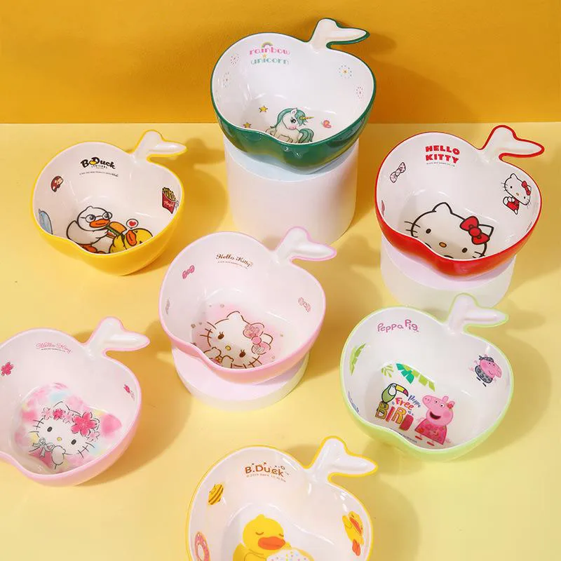 

Sanrio Children's Complementary Food Bowl Creative Apple Shape Kawaii Kitty Household Baby Learns To Eat Soup Noodles Bowl