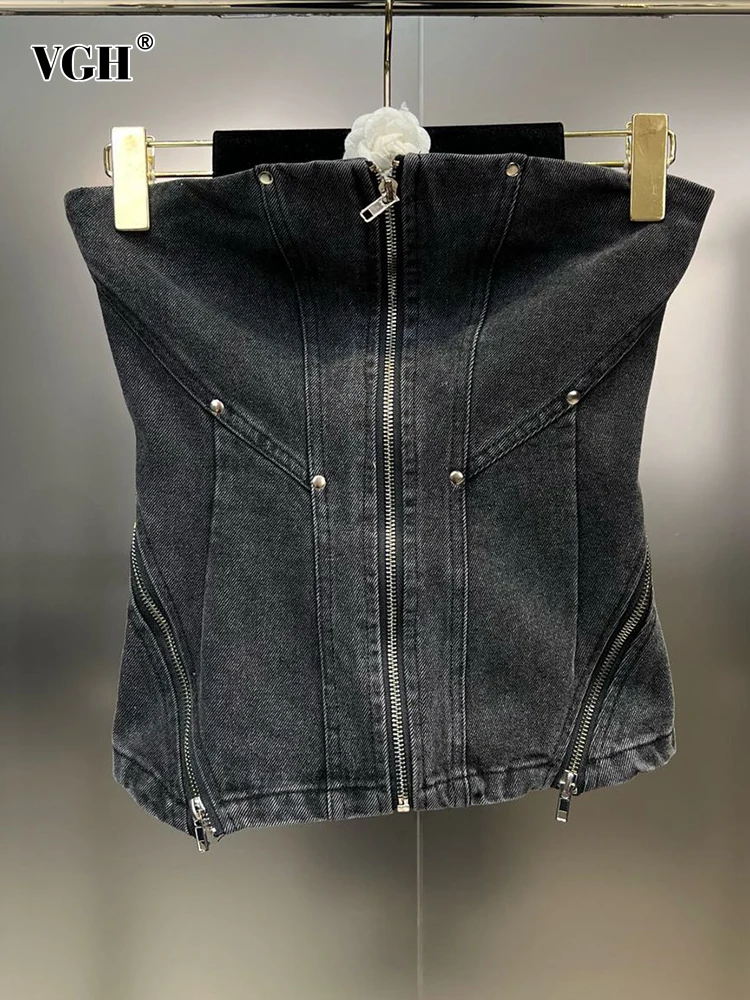 

VGH Solid Patchwork Zipper Strapless Vest For Women Slash Neck Sleeveless Tunic Slimming Spliced Rivet Tank Tops Female Fashion