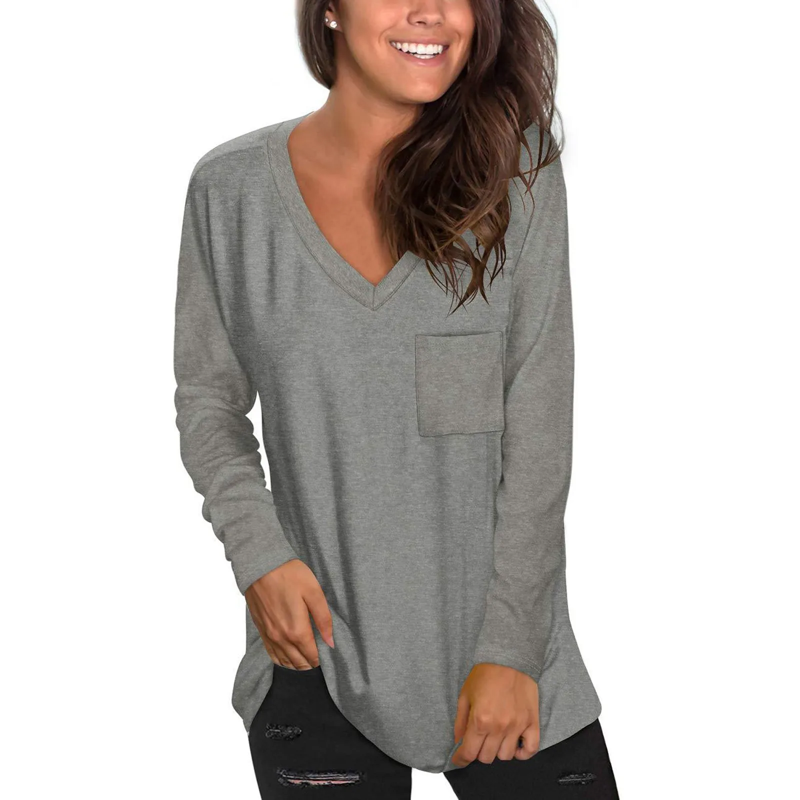 

Женская рубашка с пуговицами и карманами, V-образным вырезом, свободный цветной Повседневный свитер с длинными рукавами, топы, свитшоты, руб...