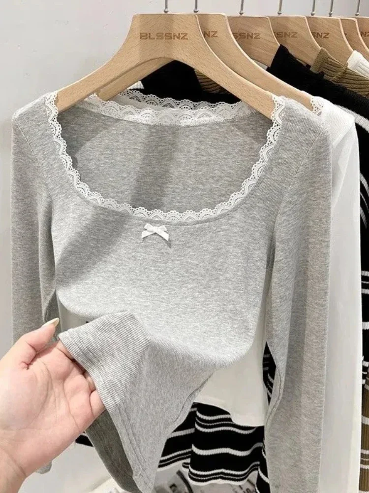 Весенние топы с бантом Y2k женские белые тонкие кружевные квадратным вырезом