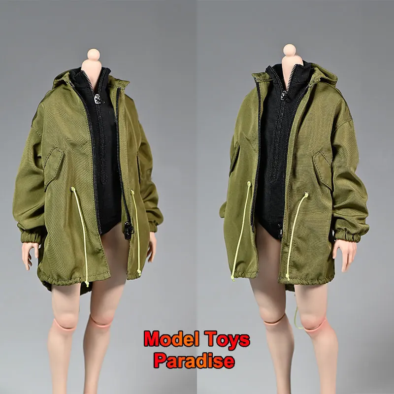 

sp-176 1/6 Women Soldier Army Green Coat Loose Casual Hooded Work Drawstring Trench Jacket Fit 12inch Action Figure Body