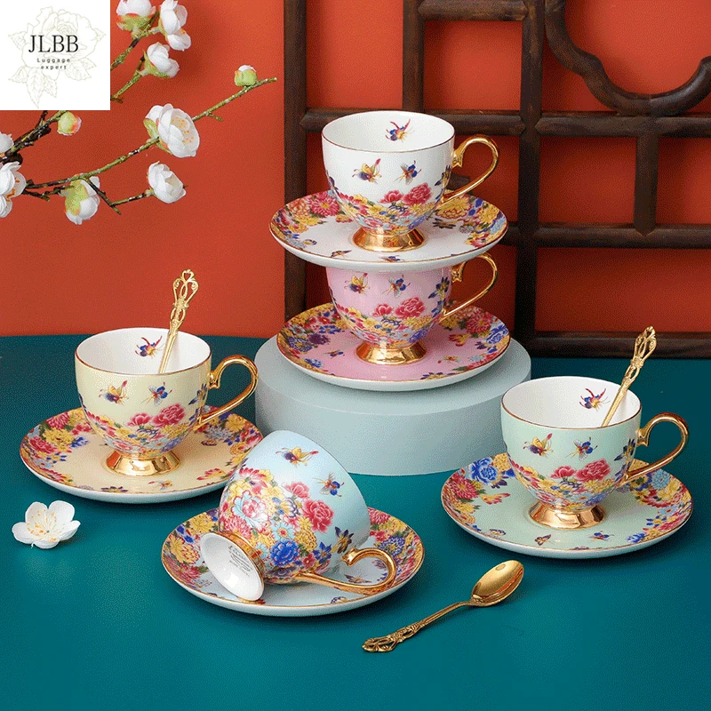 

Fine Porcelain Tea Coffee Cup with Saucer and Gold Spoon Elegant Relief Peony Cup Saucer Set Chinese Drinkware Housewarming Gift