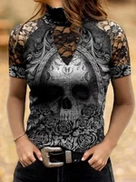 2022 women fashion turtle neck skull flower print t shirt gothic hollow short sleeve tops