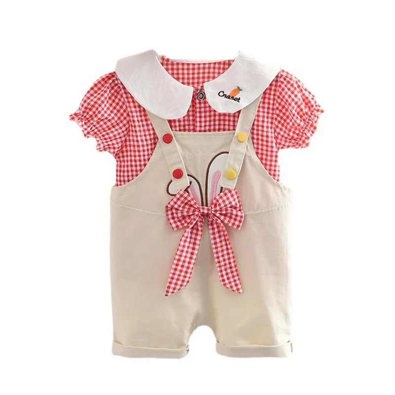 

New Summer Baby Clothes Suit Children Girls Cute Fashion Plaid Shirt Overalls 2Pcs/Sets Toddler Casual Costume Kids Sportswear