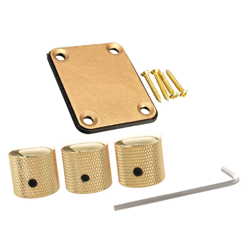 

1Set Gold Neck Plate With 4 Screws Replacement Part For Fender Strat Electric Guitar & 3Pcs Gilded Metal Dome Knobs Knurled Barr