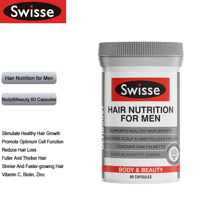 Swisse Natural Hair Nutrition for Men 60Caps Hair Loss Support Stronger Fuller Thicker Shinier Faster-growing Healthy Lush Hair