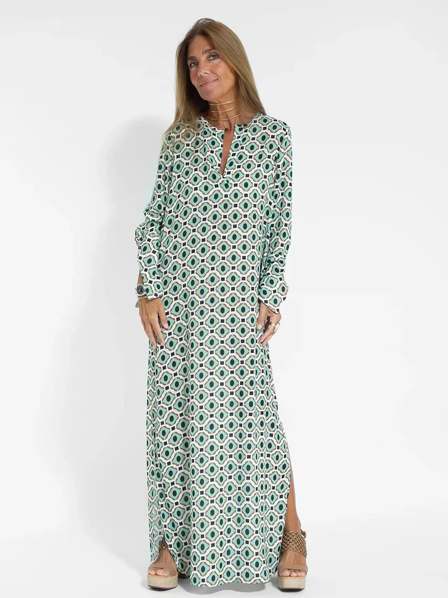 

Женское платье макси с геометрическим принтом, свободное Зеленое Длинное Платье с V-образным вырезом и длинным рукавом, повседневное праздничное платье с разрезом, лето 2023