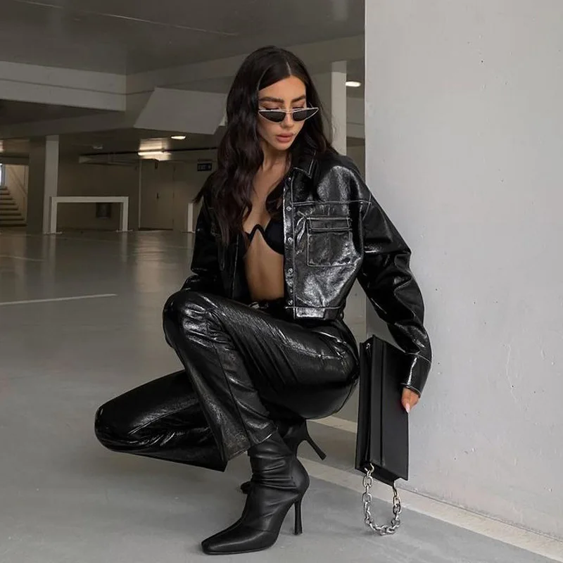 

Black PU Jackets Women Turn Down Collar Long Sleeve Fashion Ladies Coats Solid Pocket High Street Single Breasted Cropped Jacket