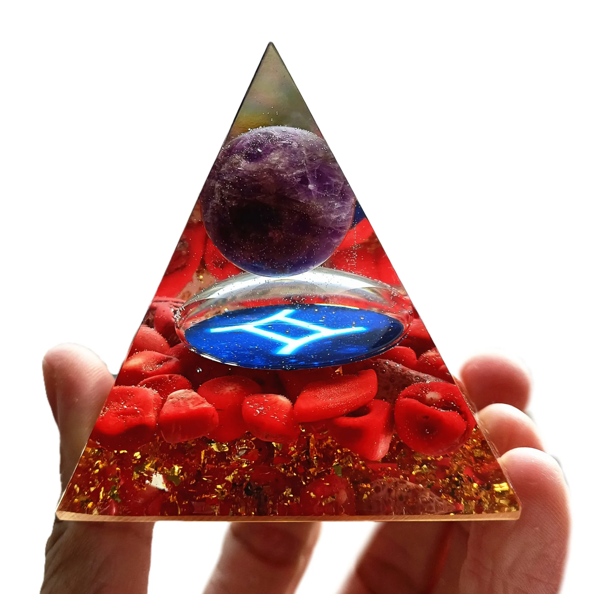 

Zodiac Amethyst Sphere Orgone Pyramid GEMINI Geometry Pattern with Red Agate Crystal Stone Orgonite EMF Protection