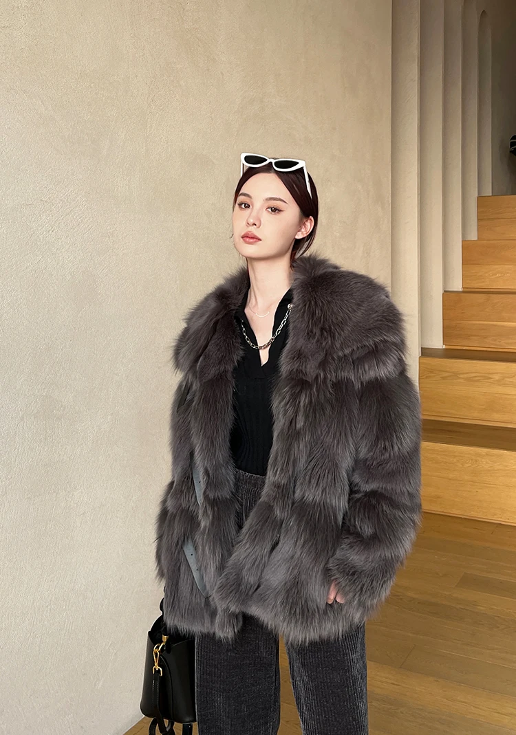 Высококачественное пальто из лисьего меха, воротник с лацканами из лисьего меха, теплая женская зимняя куртка, 100% натуральные меховые пальто, модные женские меховые пальто