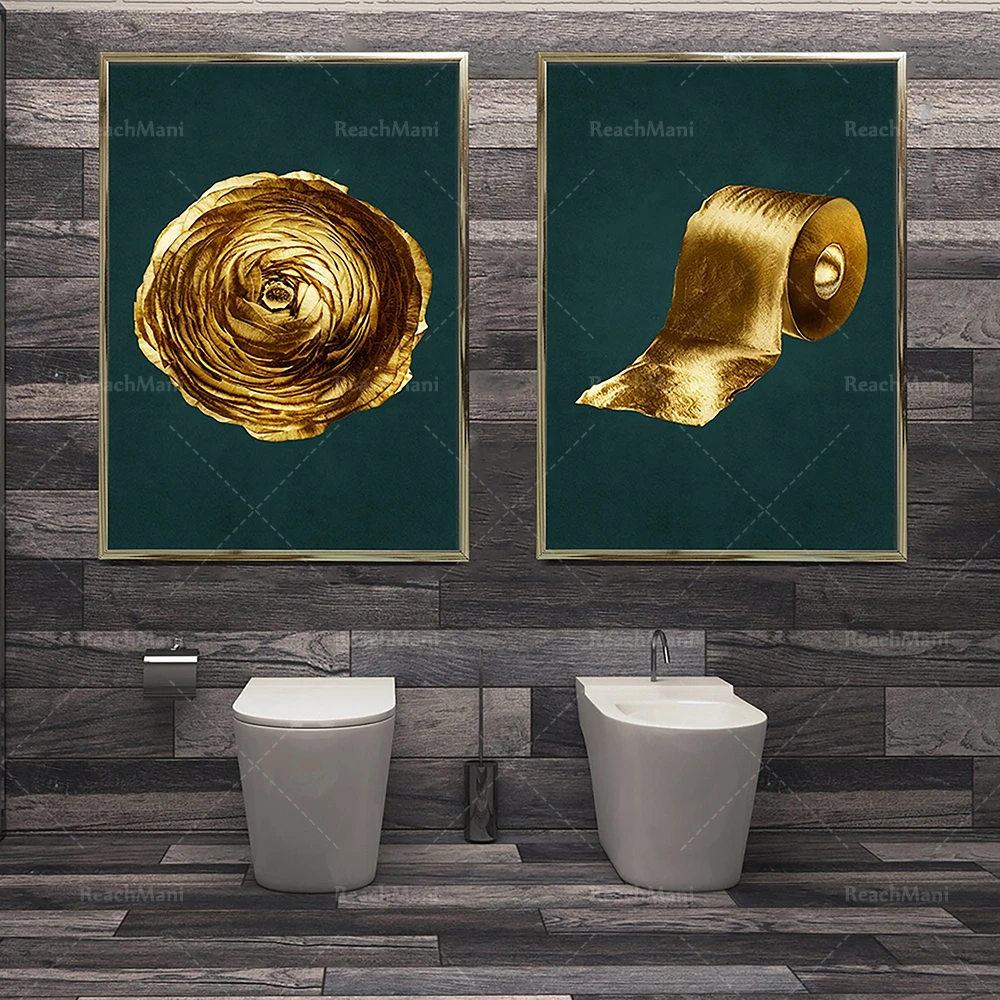 

Fashion Luxury Gold Toilet Poster Printed Bar Canvas Painting Bling Toilet Roll Paper Picture Wall Art Modern Bathroom Decor