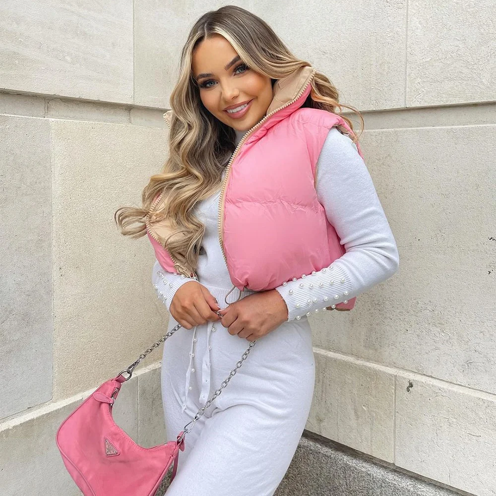 Fashion Winter Pink Vest Jackets Solid Color Warm Cotton Coat Stand Collar Zipper Double-sided Jacket Women Parkas Streetwear