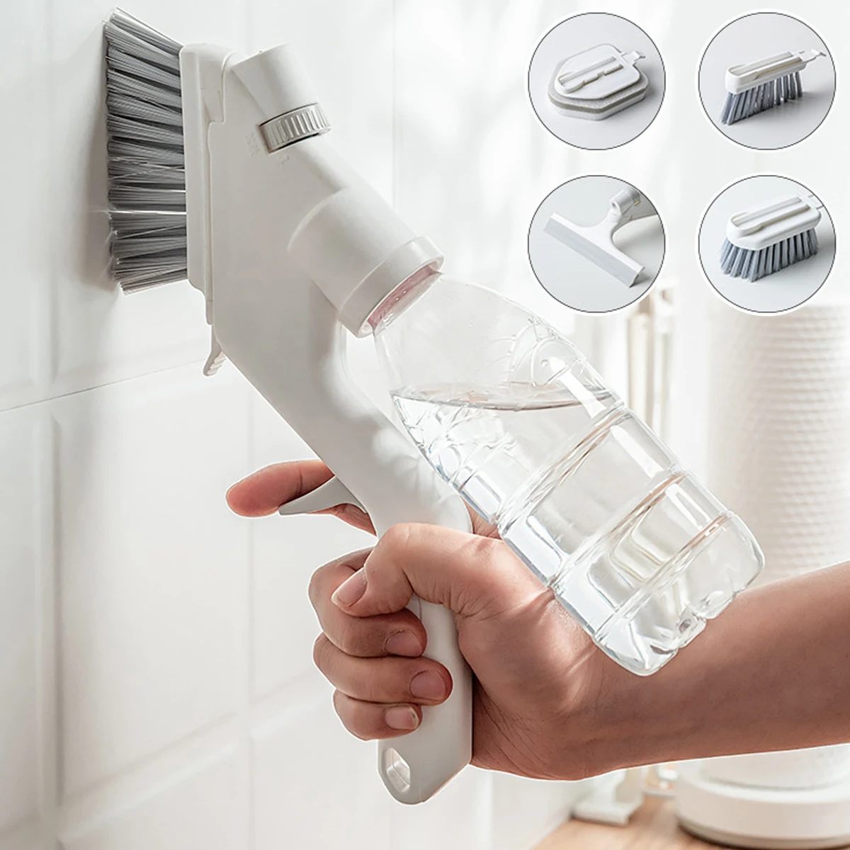 

Multifunctional Cleaning Brushes Set Non-slip Handle Cleaning Spray Brush with 4 Replaceable Cleaning Heads Scrub Brush Set