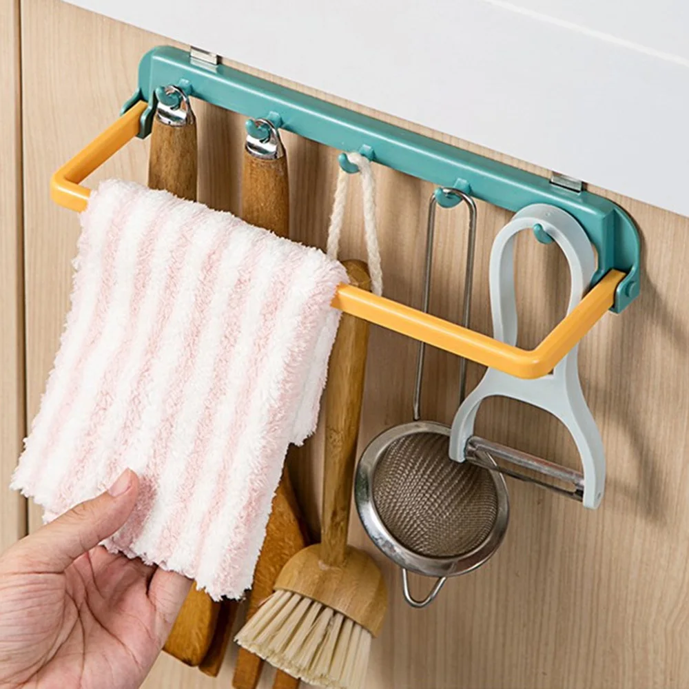 

Kitchen Space Saving Cupboard Back Trash Bag Hook Rack Cabinet Door Towel Cloth Hanging Rod Folding Tool Holder