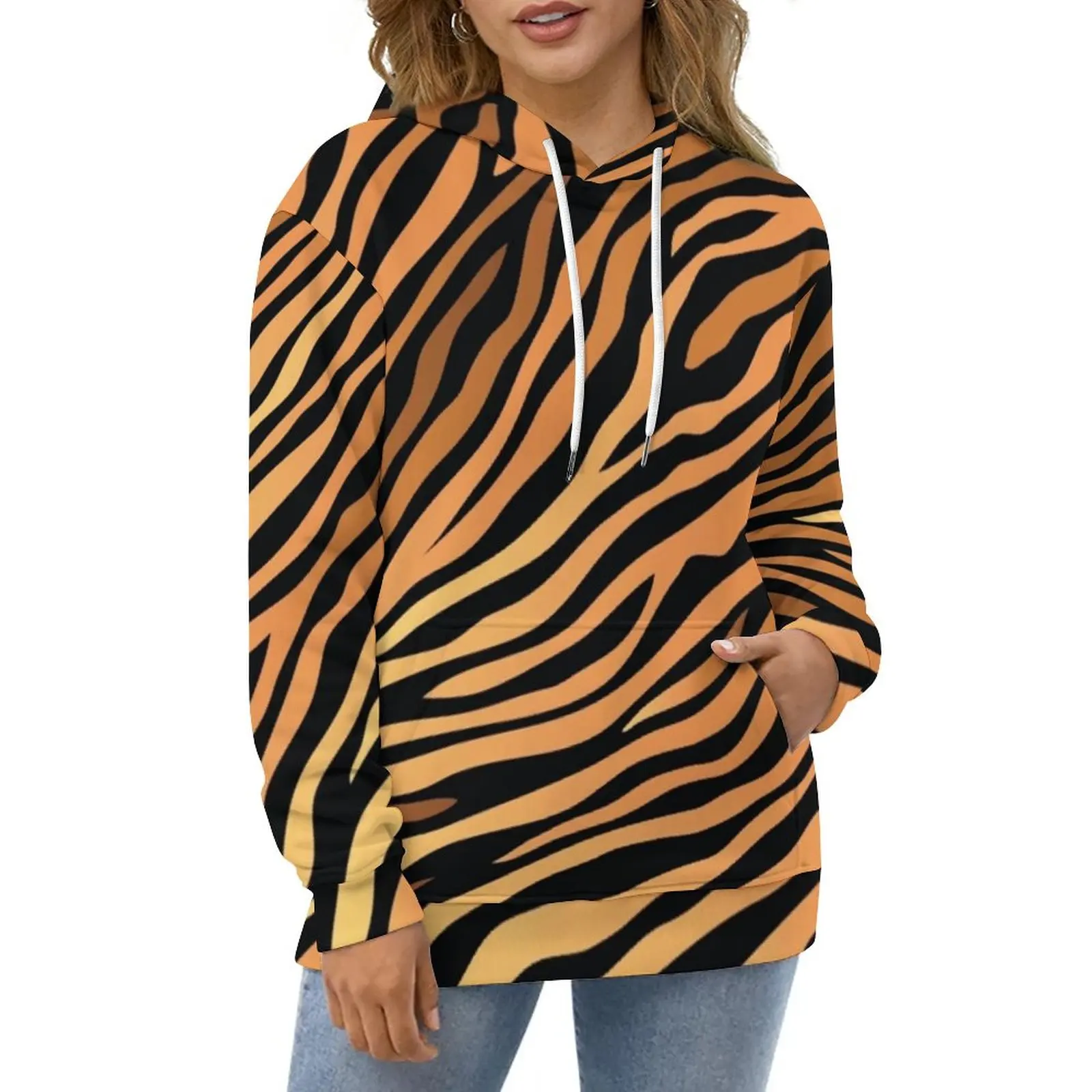 

Tiger Print Hoodies Autumn Wild Animal Stripes Hip Hop Oversized Pullover Hoodie Ladies Funny Design Casual Hooded Sweatshirts