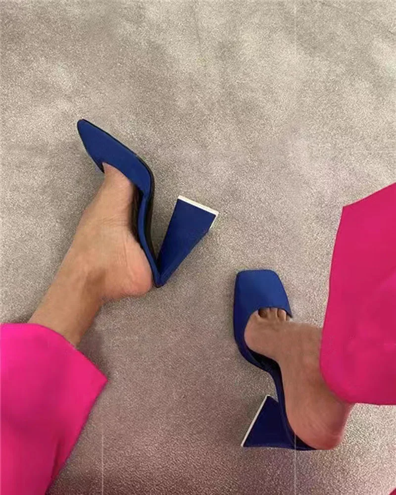 

Женские туфли-лодочки на треугольном каблуке, синие туфли-лодочки из шелка с квадратным носком, лето 2022
