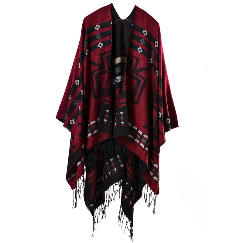 

European American Popular Tassel Thickened Cashmere Like National Style Travel Fork Shawl Scarf in autumn Ponchos Capes P8