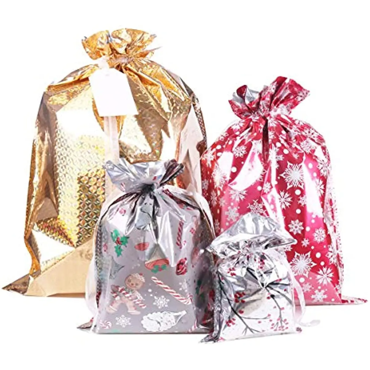 

Christmas Gift Bags,Santa Wrapping Bag in 4 Sizes and 4 Designs with Inserted Drawstring Ribbons and Tags for Wrapping Holiday