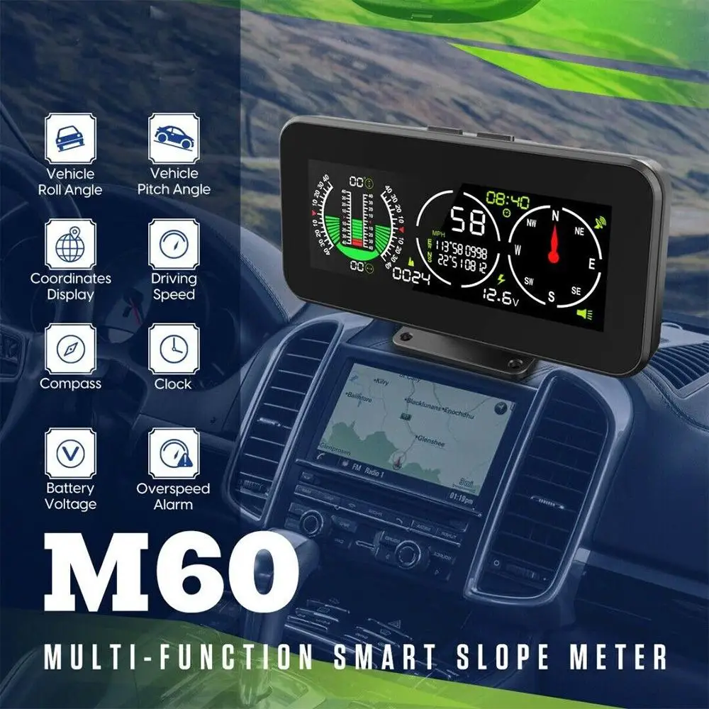 

Head Up Display Speed Slope Meter Digital GPS M60 Inclinometer Alarm Car Road Compass Accessories Speedometer Overspeed Off K9X5