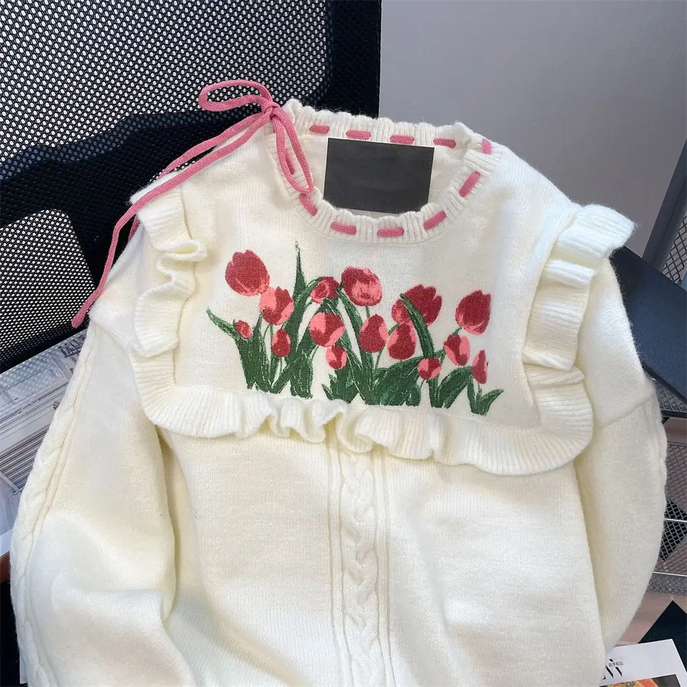 Женский кружевной свитер с длинным рукавом свободный ощущение деревянных ушей