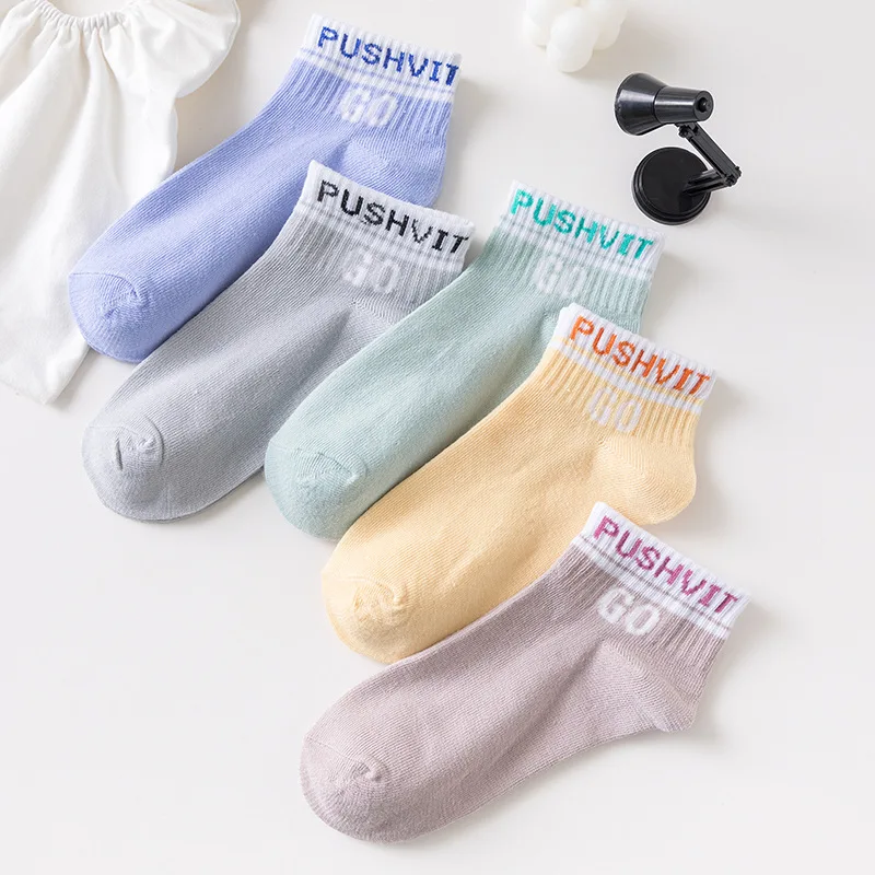 5 pairs of thin summer style female short tube ins trend with pure color letters simple breathable low-top shallow socks