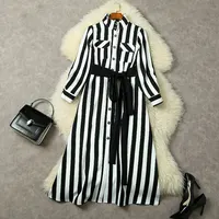 Black And White Striped Dress Women Autumn 2022 New Stand Collar Single Breasted Wrist Length Sleeves Slimming A-Line Midi Dress