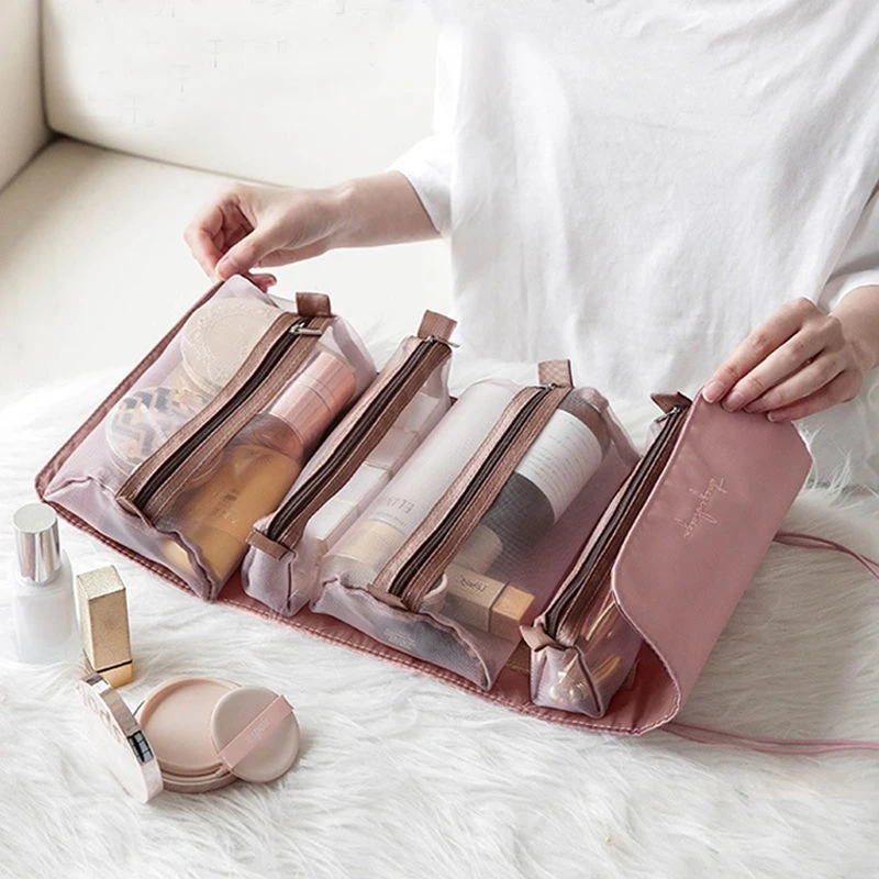 Makeup Bag 4PCS in 1 Travel Cosmetic Bag For Women Zipper Mesh Separable Cosmetics Pouch Ladies Foldable Nylon Bag Rope