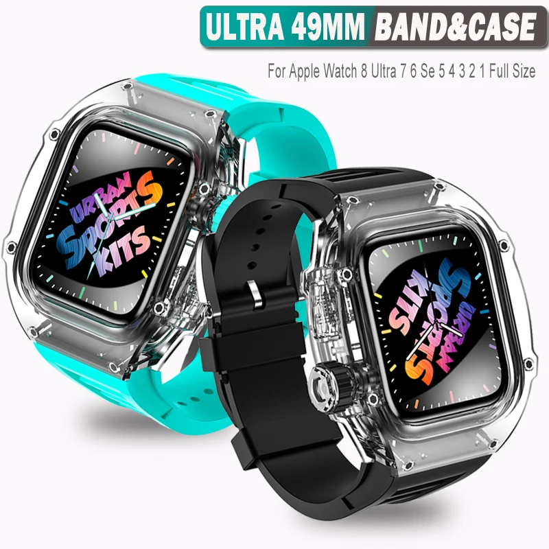 

Роскошный модифицированный комплект для часов Apple Watch Ultra 49 мм, ремешок из флюорубра для iWatch серии 8 7 6 5 4 SE 45 мм 44 мм, прозрачный Флюоресцентный...