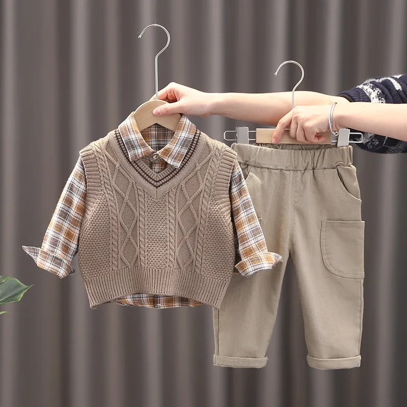 

2023 Spring Autumn 3PCS Boys Clothing Set Baby Boys Sweater Vest Long-sleeve Shirts Cargo Pants Clothes Set Infant Children Suit