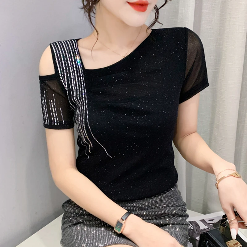 

Summer Short Sleeved Women's T-Shirt New 2022 Fashion Casual Hot Drilling Skew Collar Top Female Plus Size Clothing