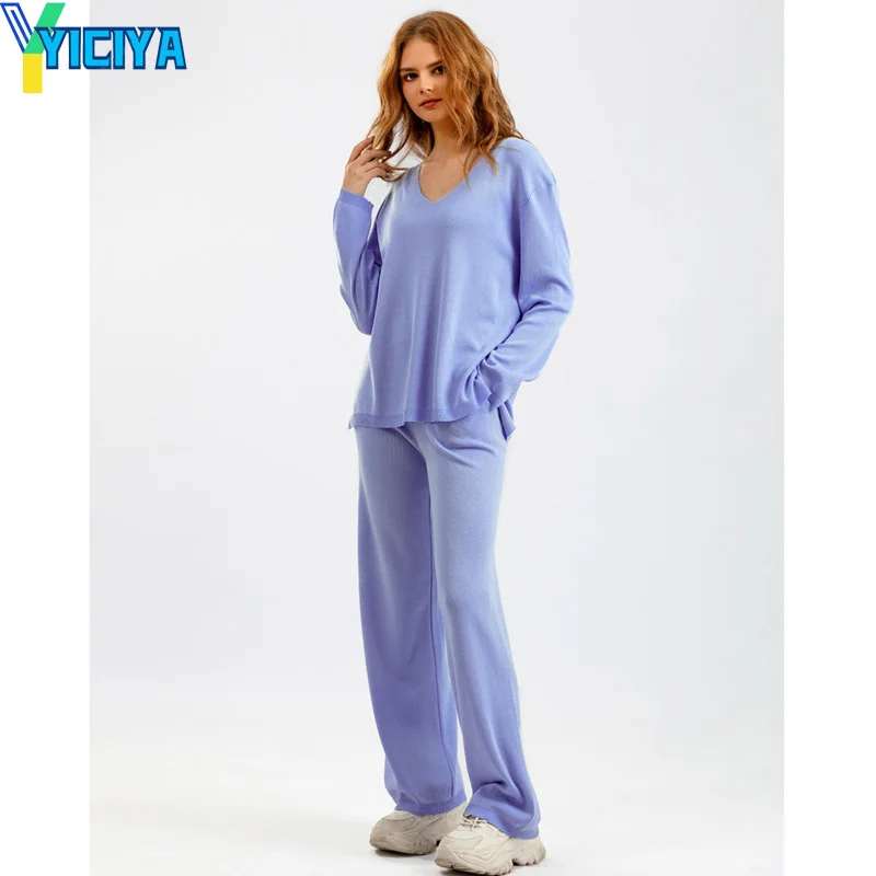 

YICIYA pants set Knitted two piece sets for women high street elegant women's sets v-neck Sweater and High Waist pants two piece