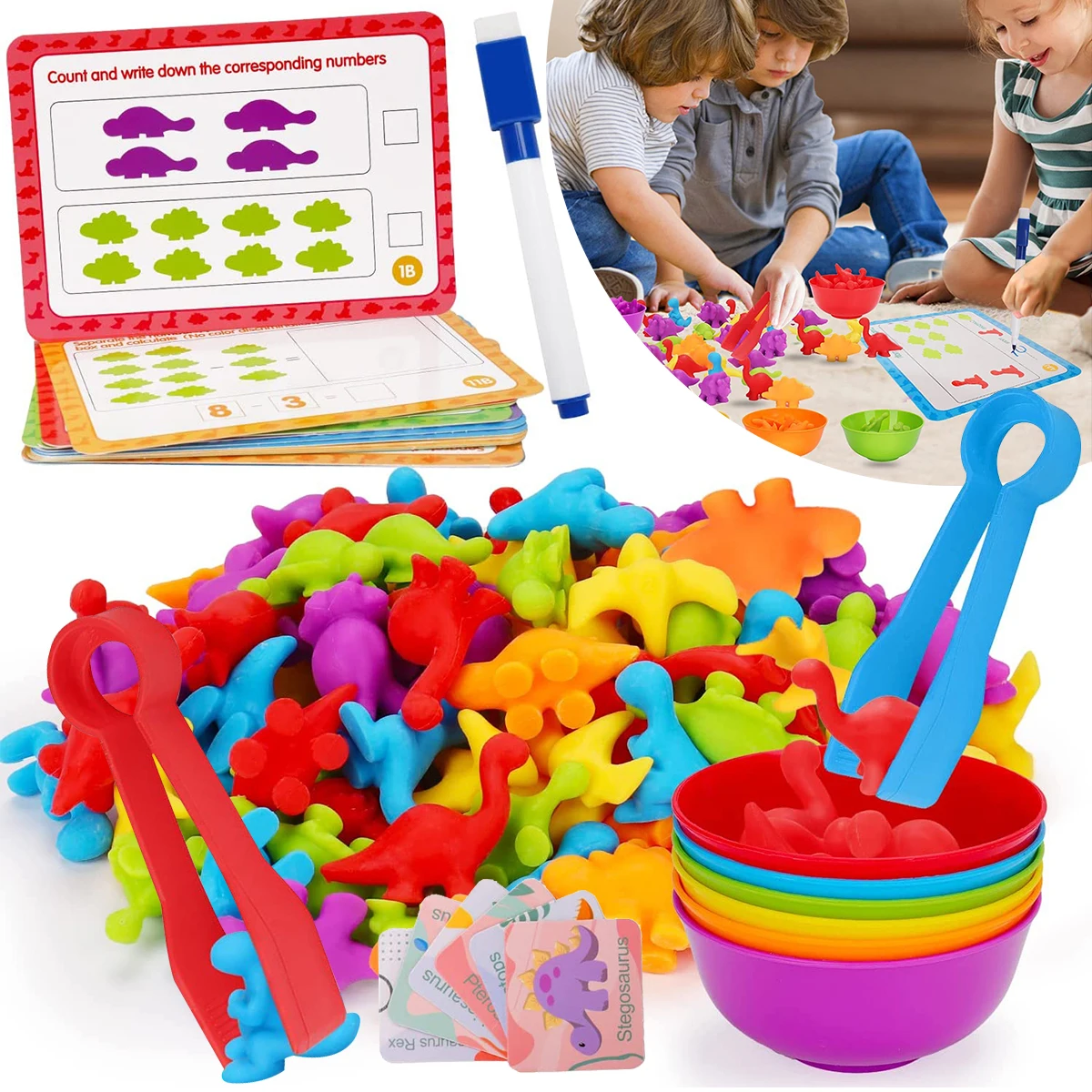 

102 Pcs Counting Dinosaurs Toys for Kids Matching Game with Sorting Bowls Color Classification Early Educational Fine Motor