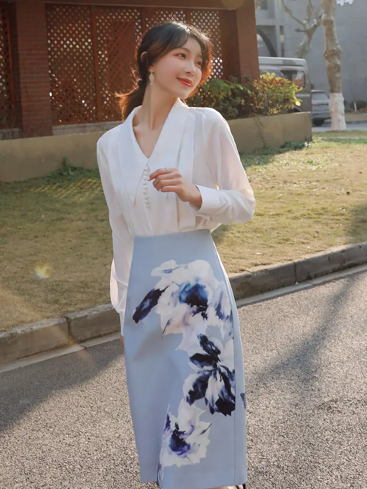 2022 Spring Women White Shirt And Blue Floral Skirt Suits 2PCS Set Office Lady Top And High Waist Skirst Twinset Elegant Outfits