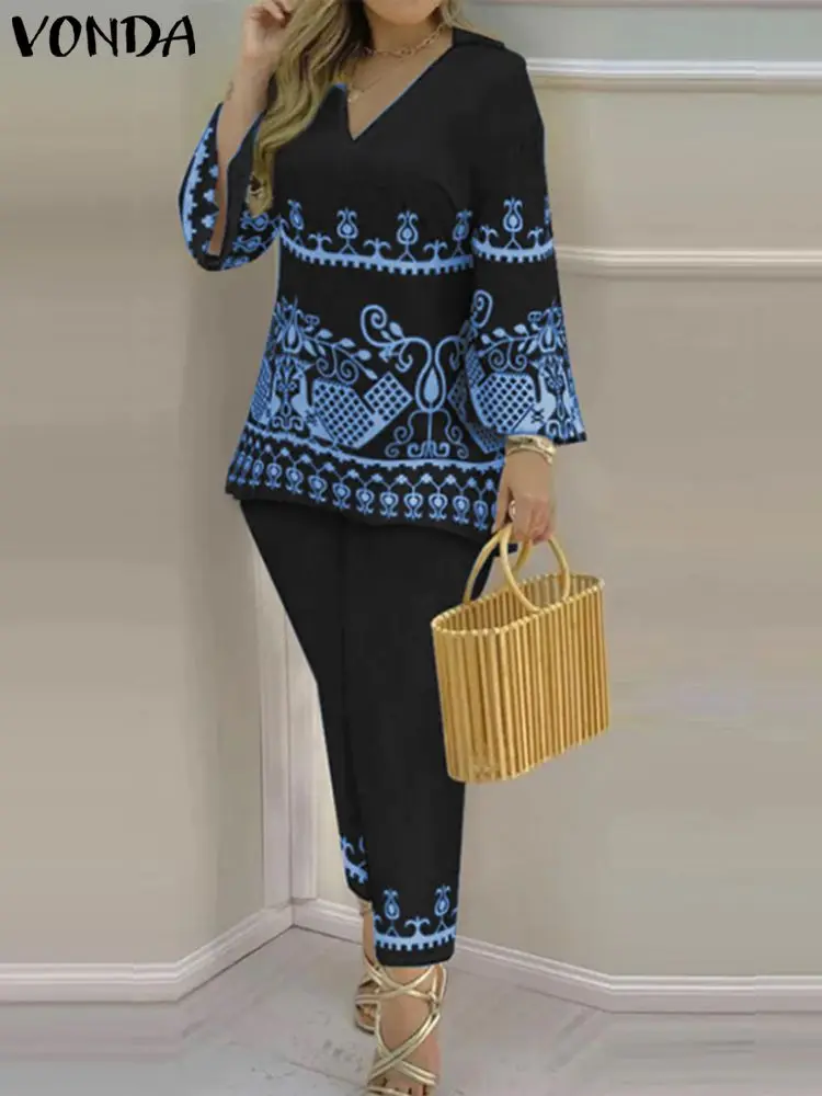 

Костюм брючный VONDA женский с V-образным вырезом, пикантный комплект из топа с принтом и рукавов, офисный комплект с брюками с высокой талией, 2023