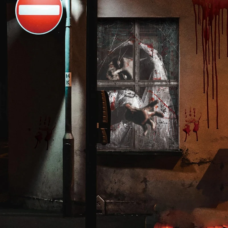 Halloween Window Decoration Horror Long Hair Woman Background Poster
