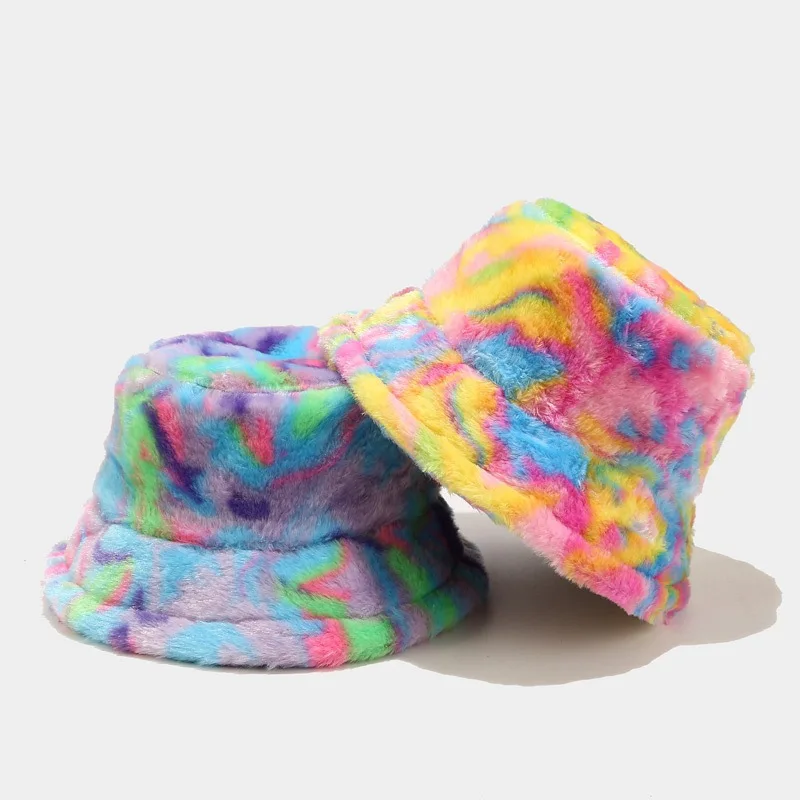 2022 Luxury Faux Fur Bucket Hat Woman Men Fluffy Colorful Print Tie-dye  Plush Velvet Fisherman Winter Hat Thic Warm Bob Panama