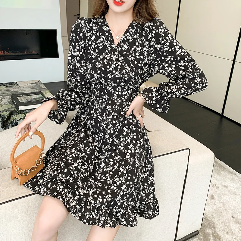 

PEIRESA Elegant Floral Dress Knee V-neck Long Sleeve Summer Dress Women Dresses Long Luxury 2022 Fashion Clothing