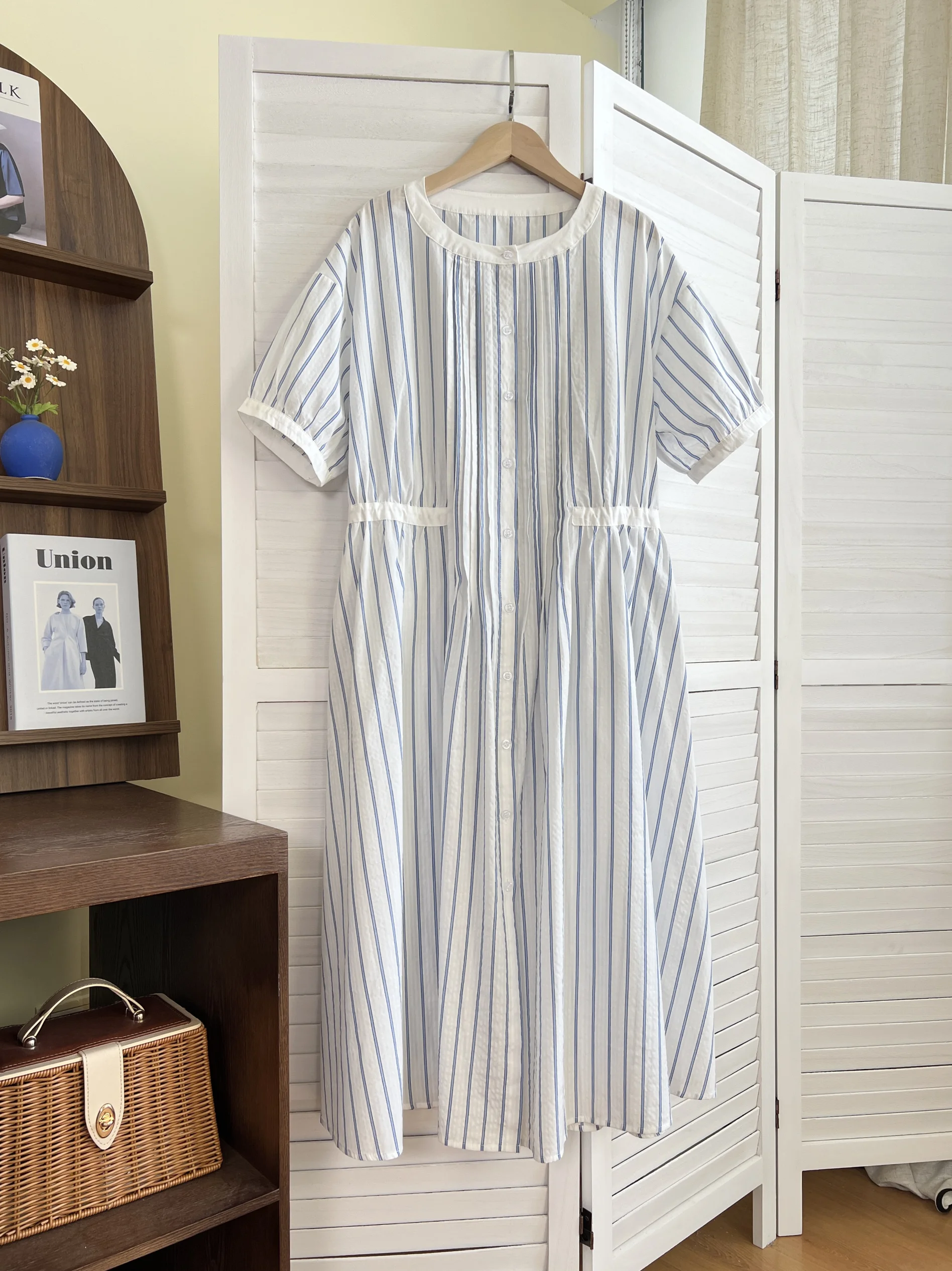 Japan fashion Knowledge Girl Vertical Stripes Pure Cotton Patchwork Waist Line Bubble Short sleeve Dress Loose Slimming Long ...