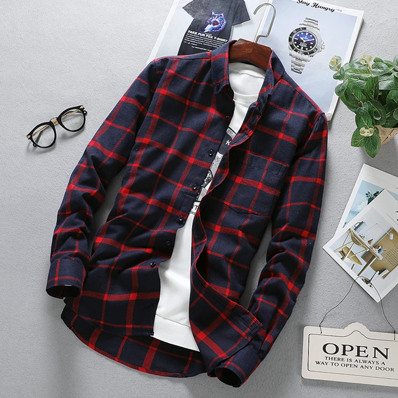 Men Long Sleeve Fashion Button Up Flannel Check Social Shirt Cotton Autumn High Quality Male Slim Fit Blouse