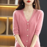spring and autumn new korean version of knitted cashmere female v neck cable half sleeve fashion cardigan for outer wear
